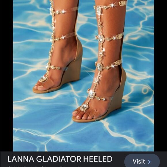 Shoe Dazzle Yulanda clear Gladiator wedge sandals jewels&gold tone accents SZ8.5 - Picture 3 of 14
